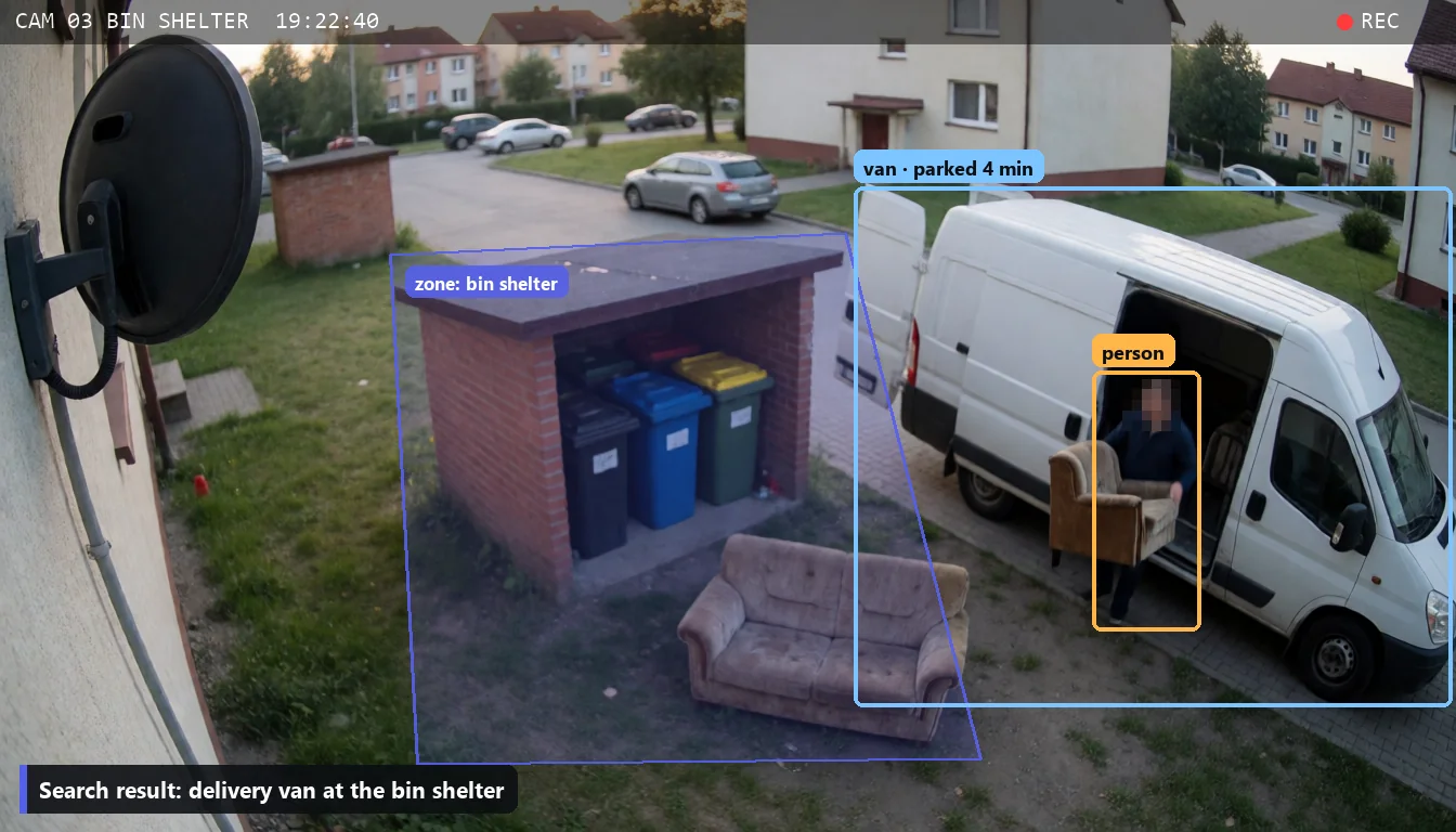 Bin shelter on a housing estate: a delivery van and a person carrying out an armchair marked with boxes