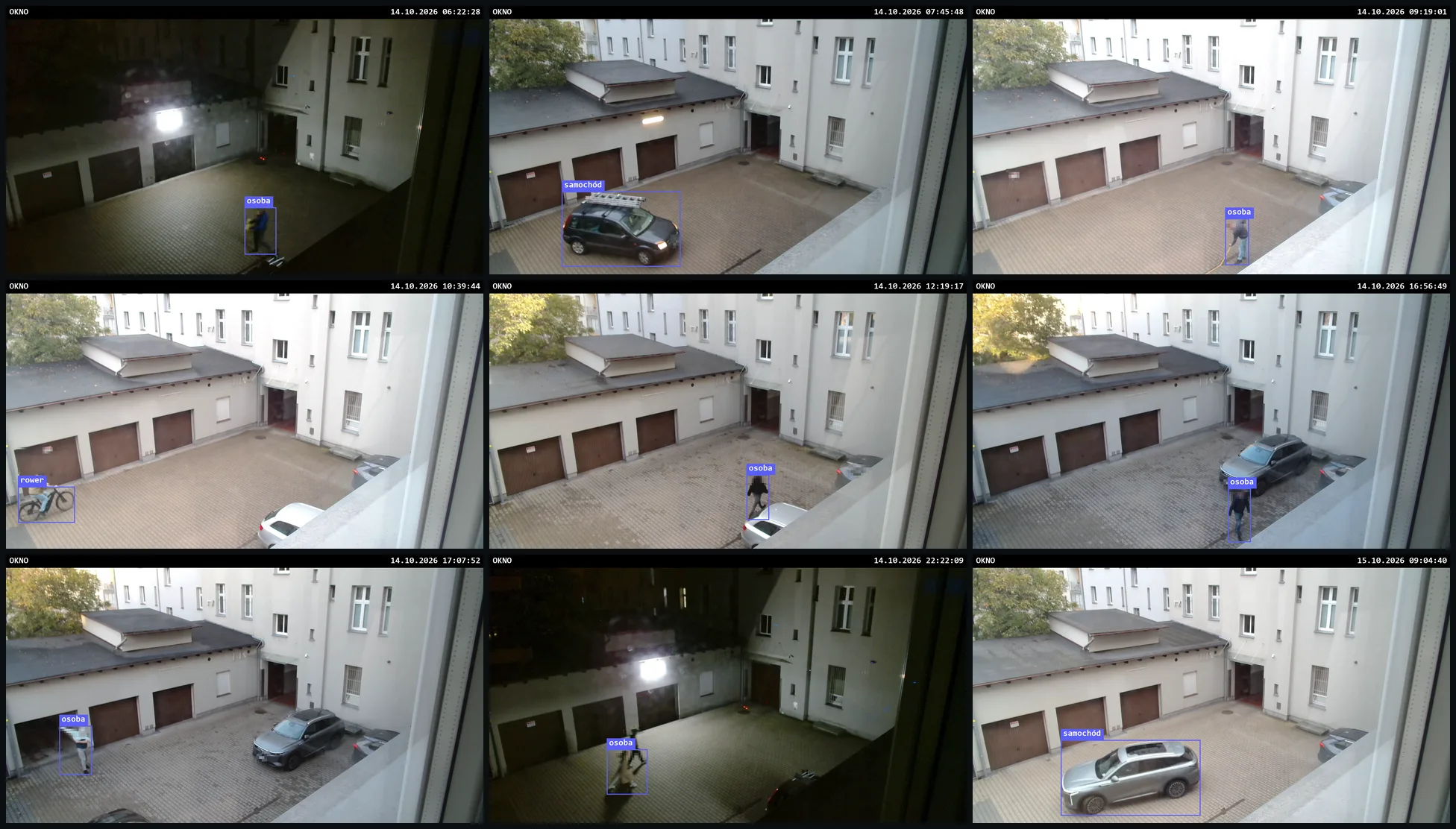 Stykówka 3 na 3: dziewięć prawdziwych zdarzeń z kamery nad podwórkiem, osoby w dzień i w nocy, samochody i rower, w ramkach Xentim