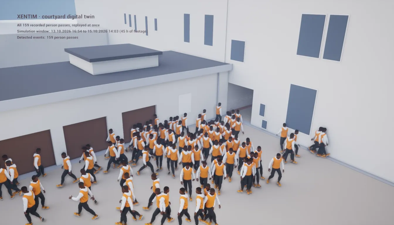 Courtyard digital twin seen from the real camera: 159 recorded person passes replayed at once