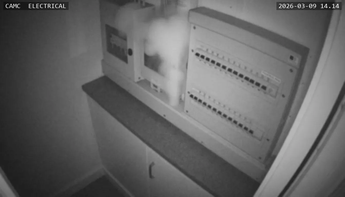 Electrical room in infrared: thin smoke rising from a distribution board