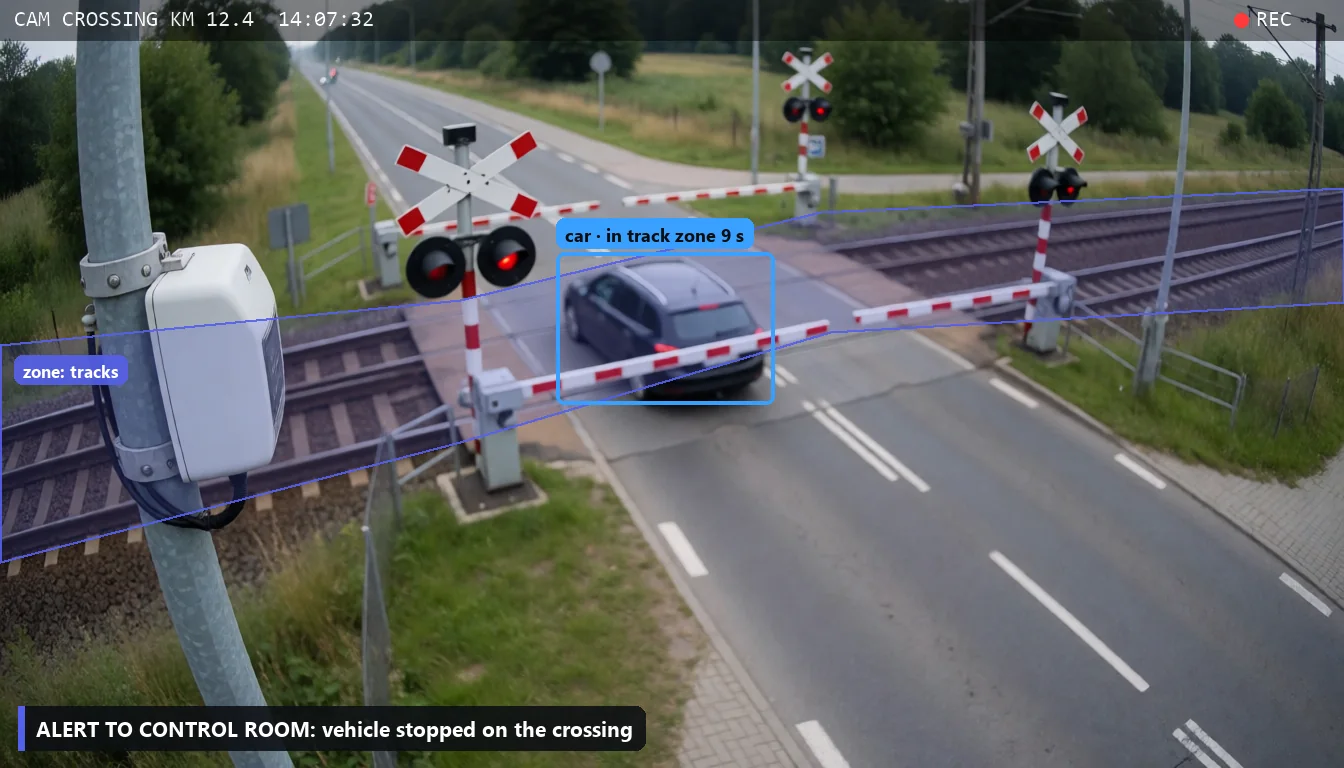 Railway crossing with lowered barriers: a car stopped in the track zone marked with a box
