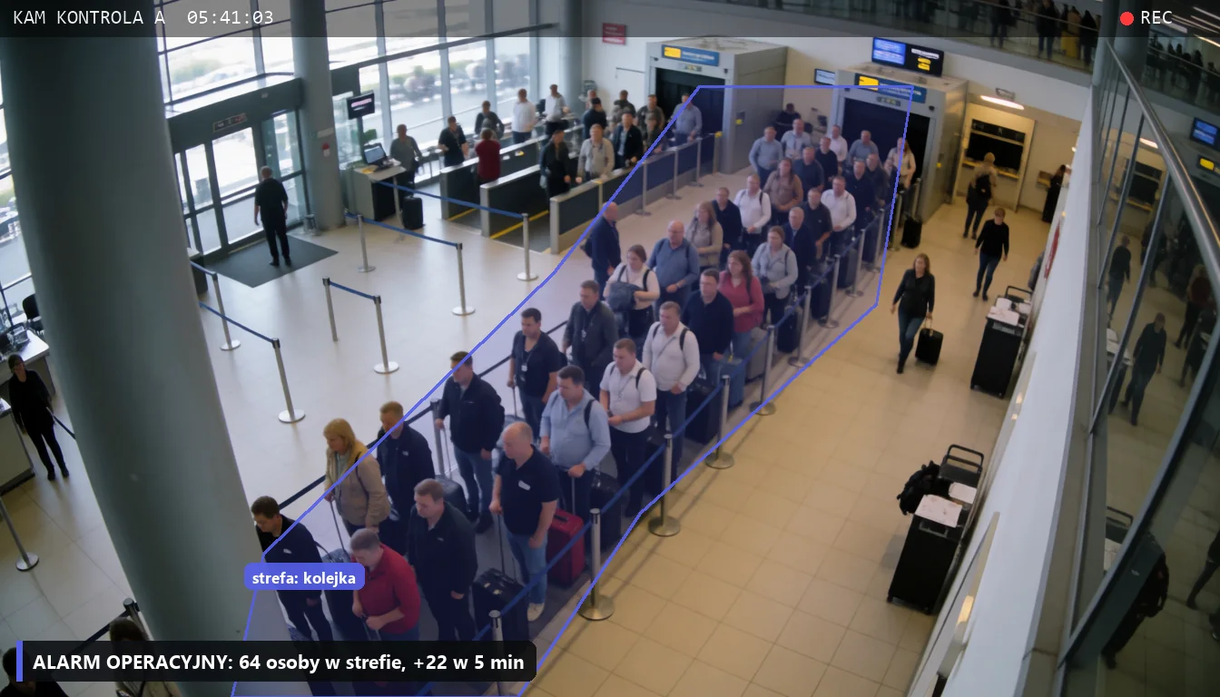 Hala kontroli bezpieczeństwa na lotnisku: zaznaczona strefa kolejki z licznikiem osób