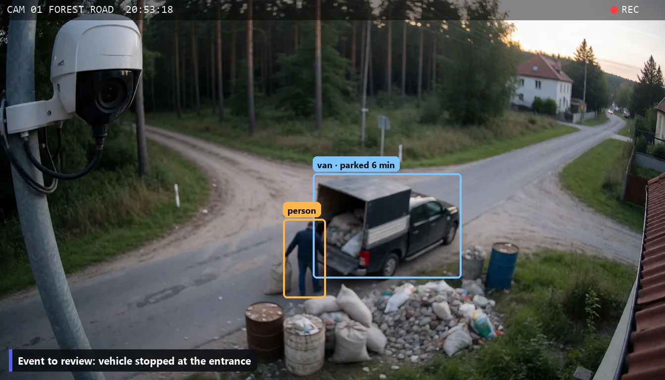 Forest entrance: a delivery van and a person unloading bags of rubble marked with boxes
