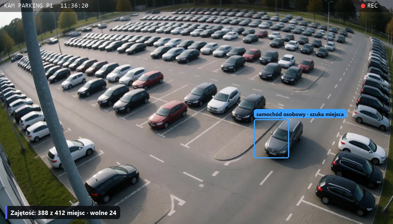 Parking z wysokiej kamery: licznik zajętych i wolnych miejsc