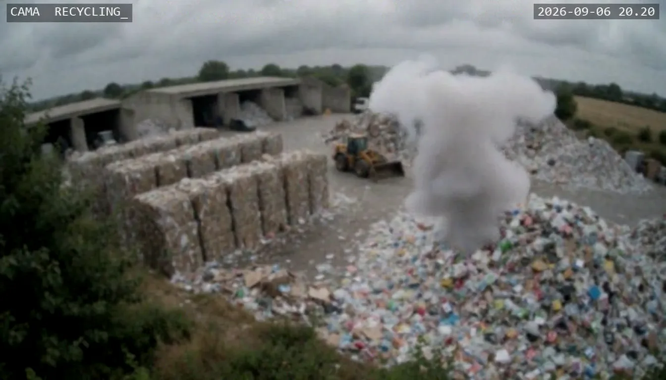 Recycling yard by day: smoke rising from a pile of sorted waste
