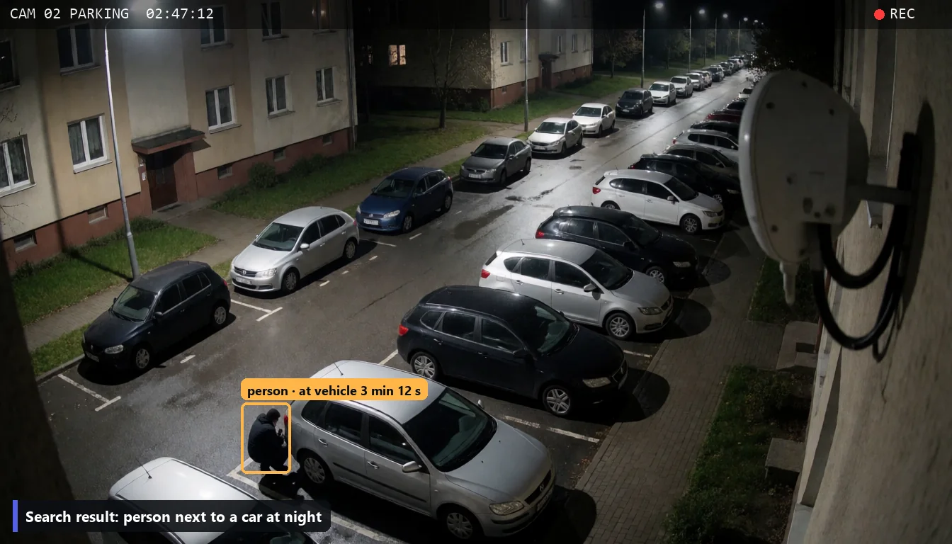 Residential parking lot at night from a camera: a person crouching by a car marked with a box