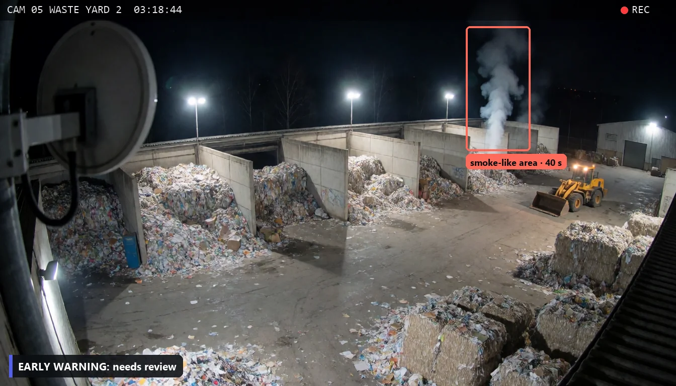Waste sorting plant yard at night: a column of smoke above a bay marked with a box