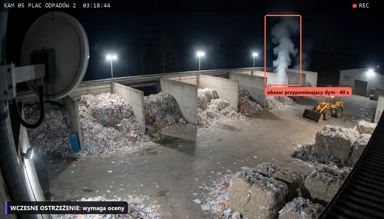 Plac sortowni odpadów nocą: słup dymu nad boksem oznaczony ramką